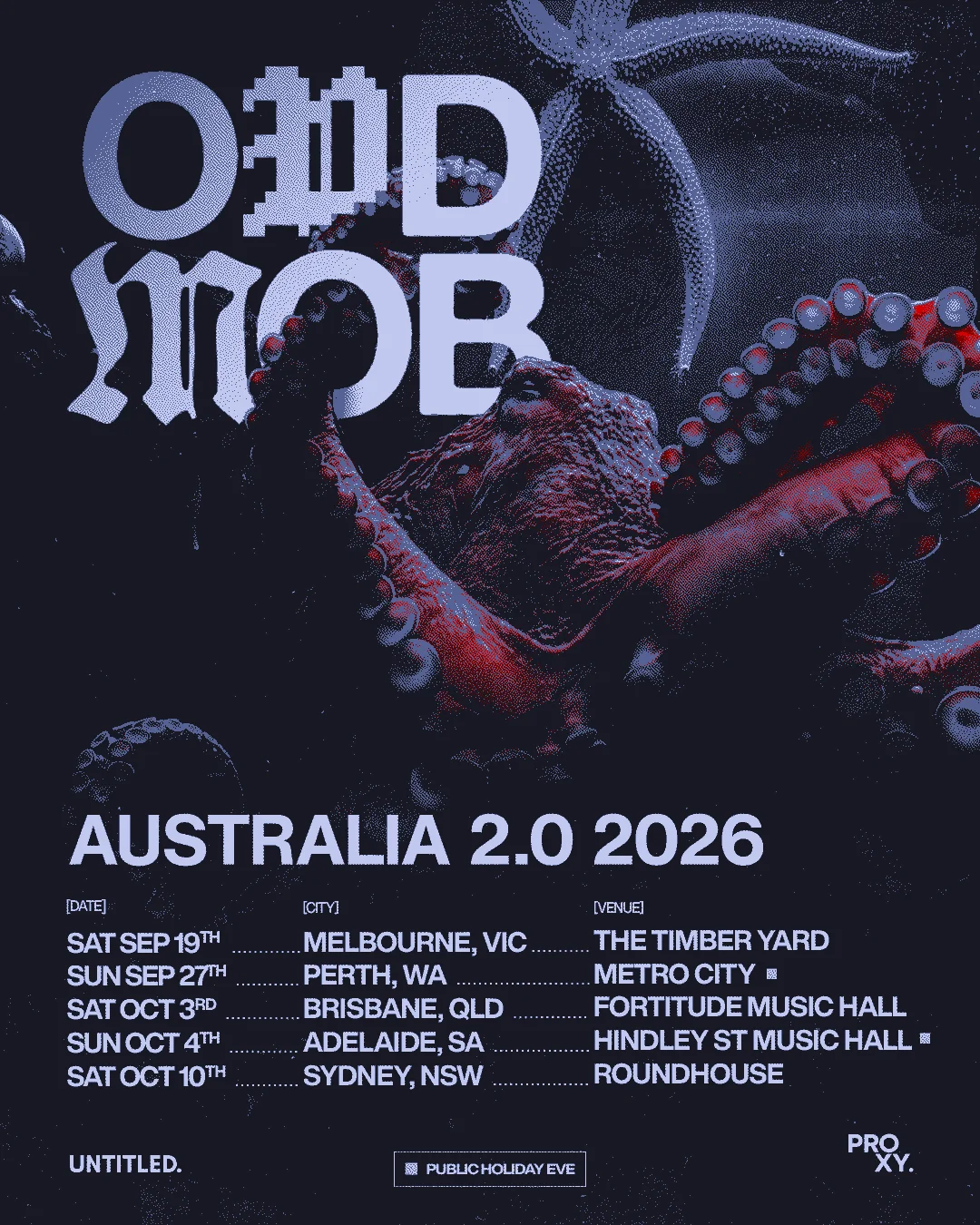 Odd Mob Australia 2.0 Tour 2026 poster featuring octopus and starfish artwork