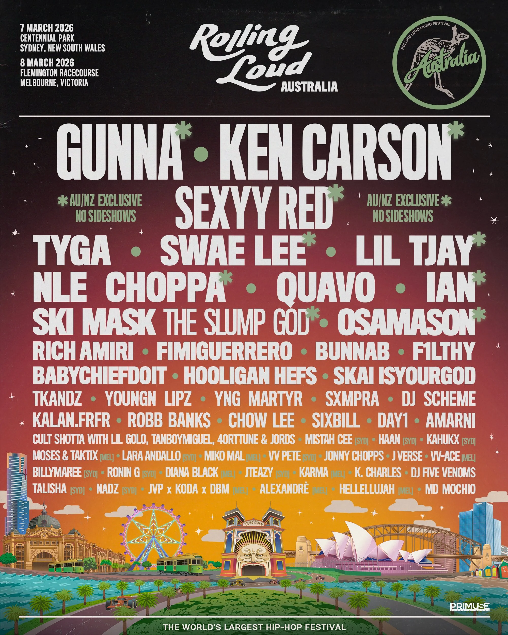Rolling Loud Australia 2026 festival lineup poster featuring artist names on bold graphic design